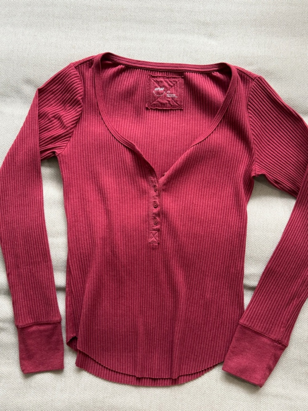 Ribbed Long-Sleeve Henley Top in Deep Berry